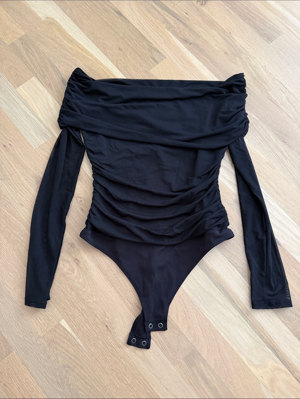 Express Black Off-Shoulder Long Sleeve Bodysuit with Ruched Front